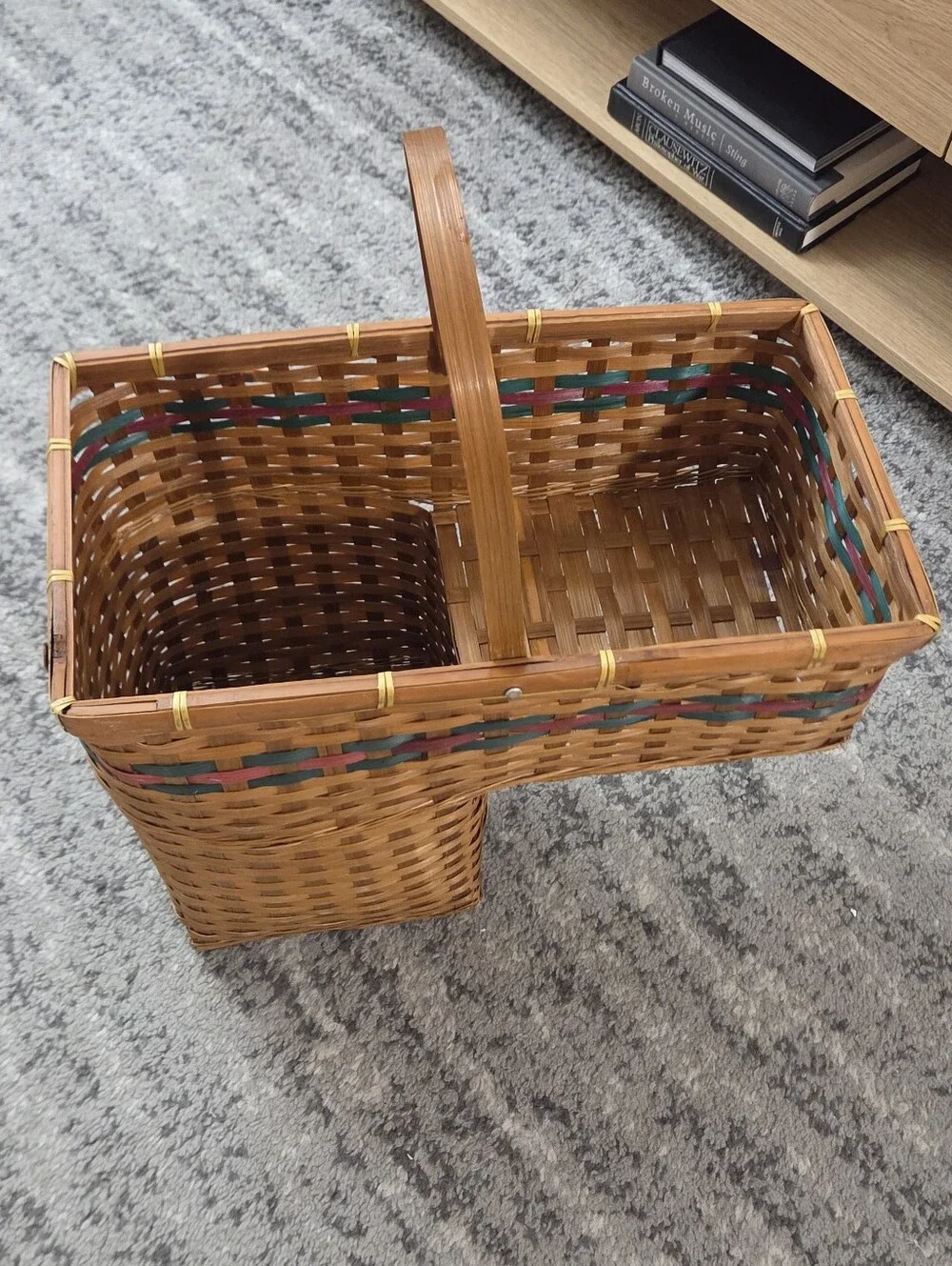Vintage Rustic Woven Stair Step Wicker Basket Organizer Green Red Stripe Cottage